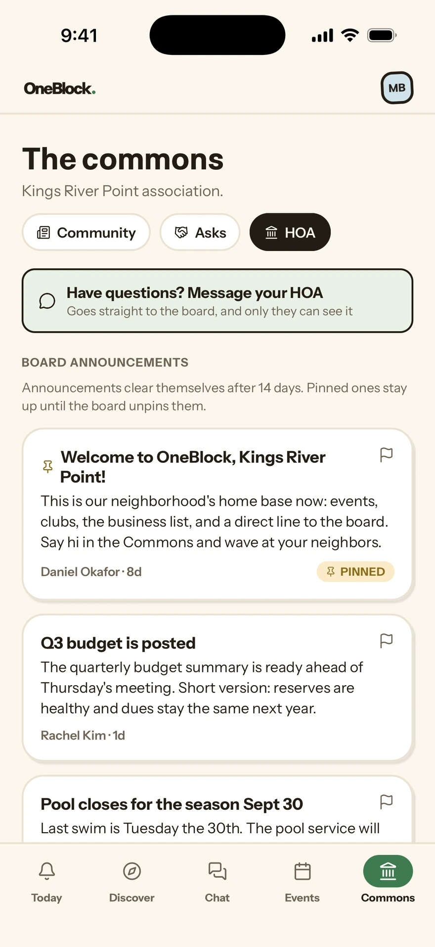 The HOA tab, with a pinned welcome announcement and a posted quarterly budget