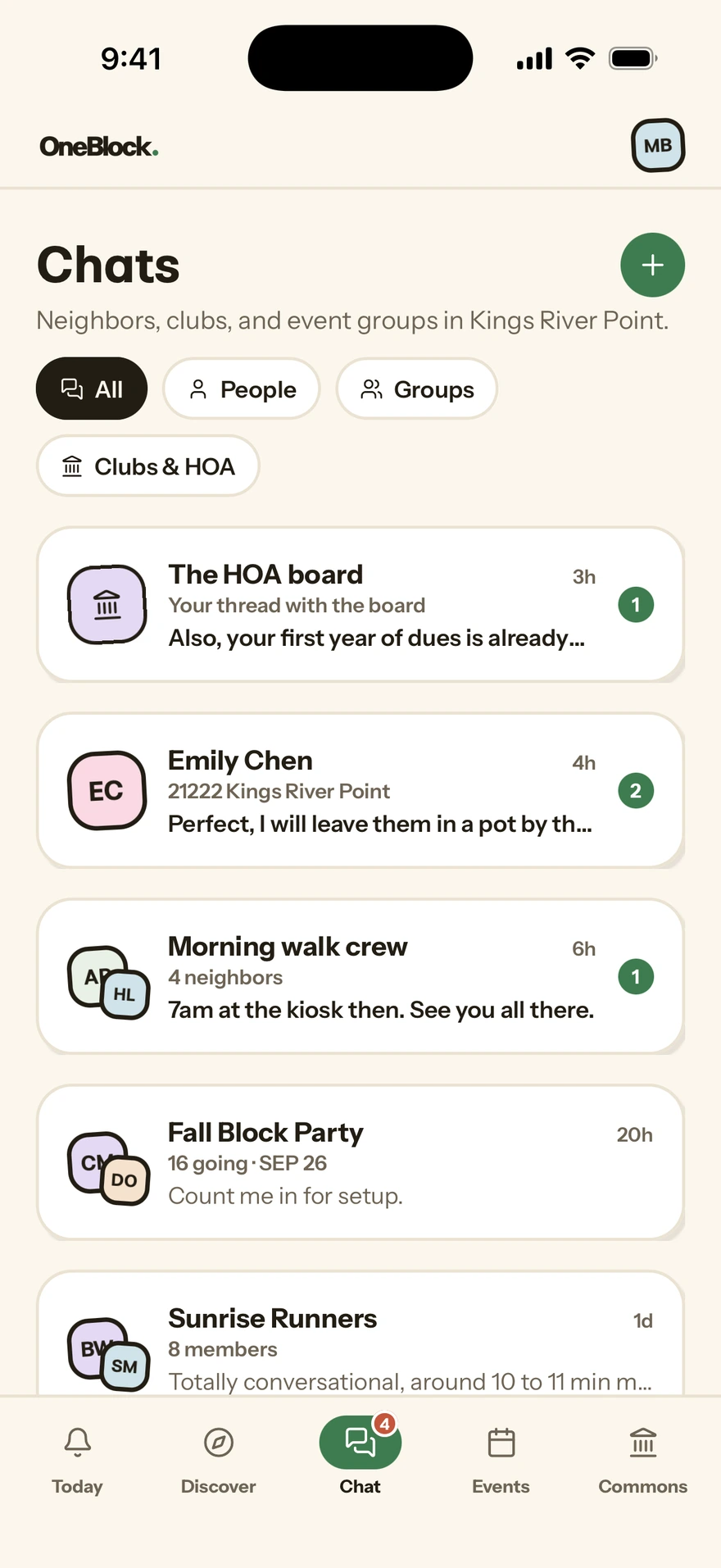 The Chat list, with threads for the HOA board, a neighbor, a walking group and a club