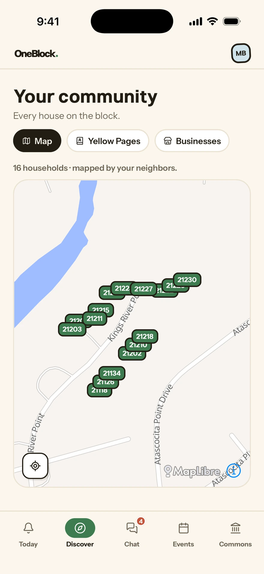 The Discover map, with every house on the street pinned by number