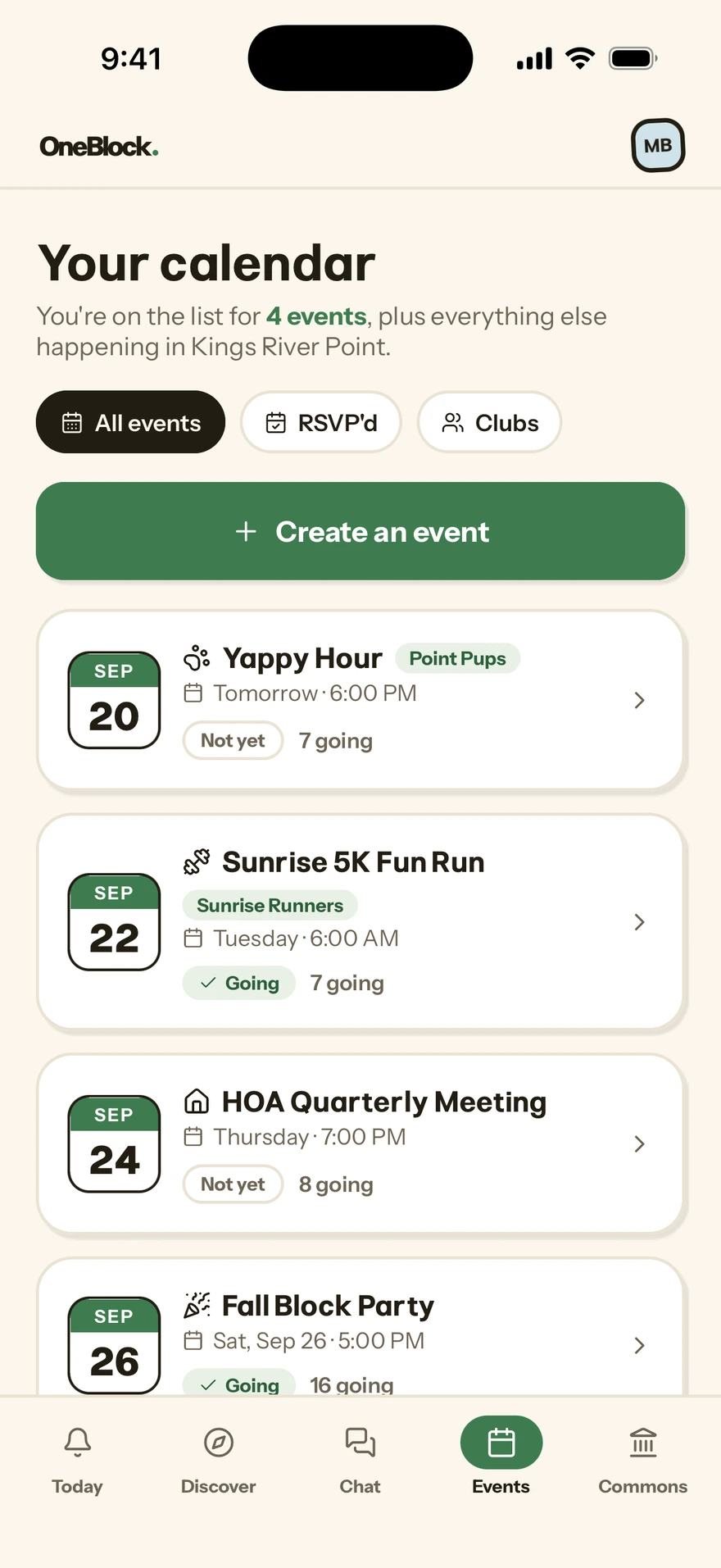 The Events calendar, listing a fun run, an HOA meeting and the fall block party with RSVP counts