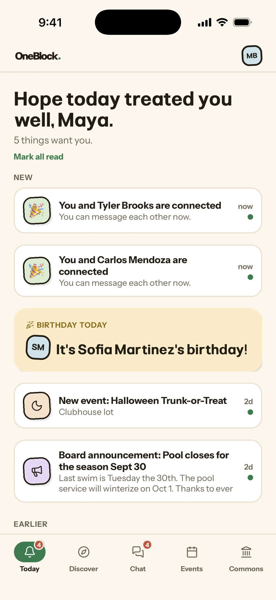 The Today screen, showing two new connections, a neighbor's birthday, a new event and a board announcement
