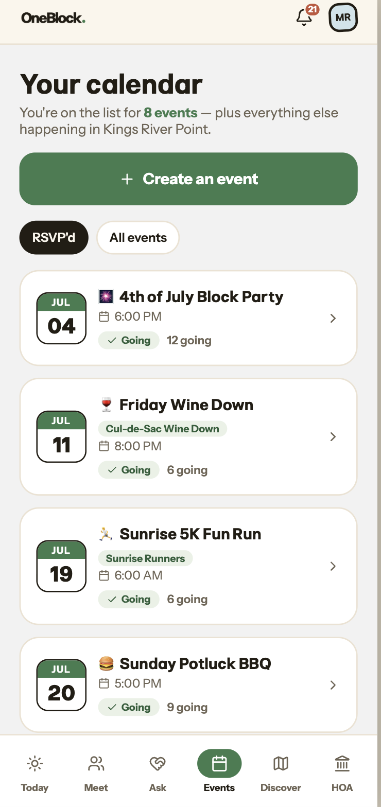 OneBlock Events calendar