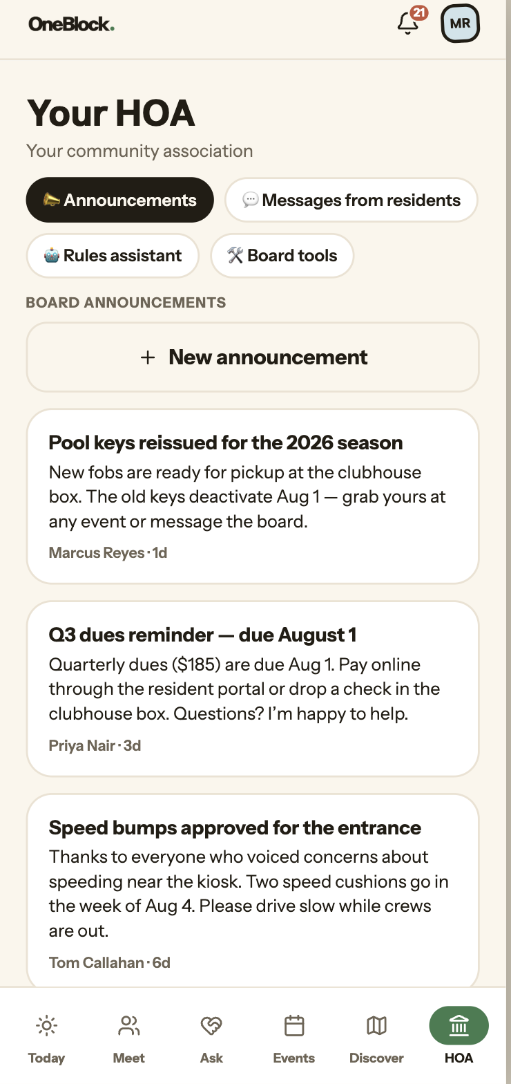 OneBlock HOA board